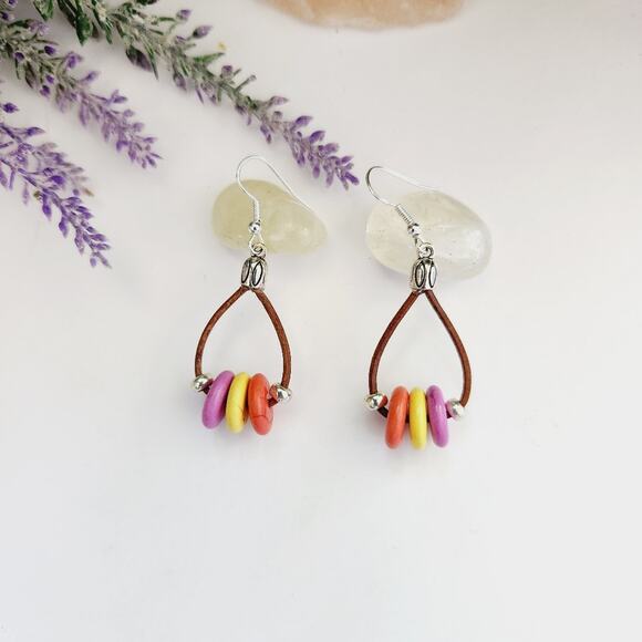 Leather Cord Dangle Earrings, Multicolor Turquoise Stone Beads Drop Earrings - Picture 9 of 9